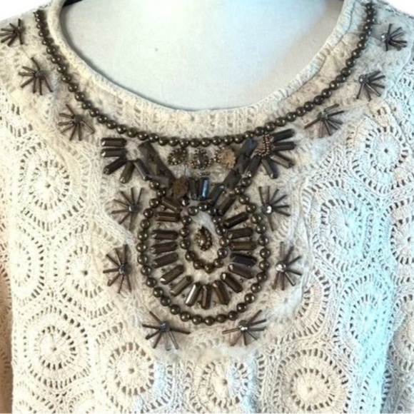 Ivory Crochet Beaded Fringe Poncho Top - Picture 5 of 10